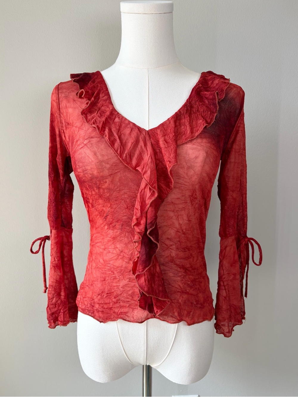 Hiatus Y2K Watercolor Ruffle Bell Sleeve Blouse